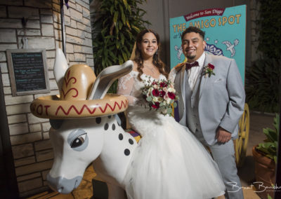 bride and groom next to donkey with sombrero